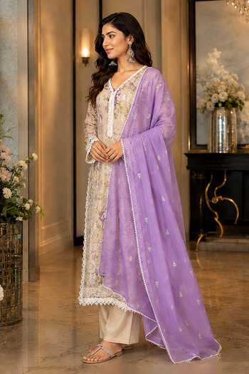 Buy Jhambthreads Beige Organza, Chiffon, Shantoon V-neck Printed Kurta Set Online at Aza Fashions Buy_Jhambthreads_Beige Organza, Chiffon, Shantoon V-neck Printed Kurta Set _Online_at_Aza_Fashions