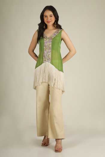 Jhambthreads_Green Organza, Chanderi Silk V-neck Embroidered Kurta And Pant Set _Online_at_Aza_Fashions