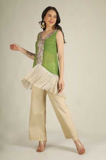 Shop_Jhambthreads_Green Organza, Chanderi Silk V-neck Embroidered Kurta And Pant Set _Online_at_Aza_Fashions