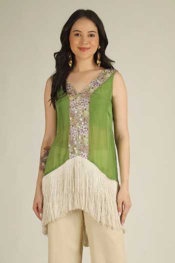 Jhambthreads_Green Organza, Chanderi Silk V-neck Embroidered Kurta And Pant Set _at_Aza_Fashions