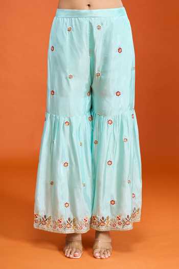 Buy Samyukta Singhania Sky Blue Tissue Round Neck, Yes Floral Embroidered Kurta Set Online at Aza Fashions Buy_Samyukta Singhania_Sky Blue Tissue Round Neck, Yes Floral Embroidered Kurta Set _Online_at_Aza_Fashions
