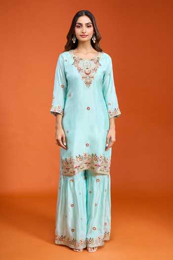 Shop Samyukta Singhania Sky Blue Tissue Round Neck, Yes Floral Embroidered Kurta Set Online at Aza Fashions Shop_Samyukta Singhania_Sky Blue Tissue Round Neck, Yes Floral Embroidered Kurta Set _Online_at_Aza_Fashions