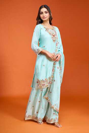 Samyukta Singhania Sky Blue Tissue Round Neck, Yes Floral Embroidered Kurta Set at Aza Fashions Samyukta Singhania_Sky Blue Tissue Round Neck, Yes Floral Embroidered Kurta Set _at_Aza_Fashions