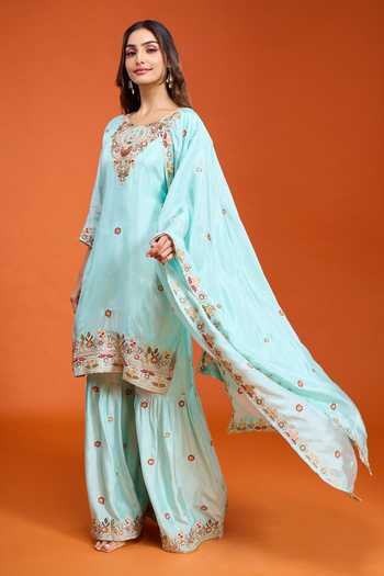 Buy Samyukta Singhania Sky Blue Tissue Round Neck, Yes Floral Embroidered Kurta Set Buy_Samyukta Singhania_Sky Blue Tissue Round Neck, Yes Floral Embroidered Kurta Set