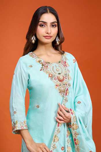 Shop Samyukta Singhania Sky Blue Tissue Round Neck, Yes Floral Embroidered Kurta Set Shop_Samyukta Singhania_Sky Blue Tissue Round Neck, Yes Floral Embroidered Kurta Set