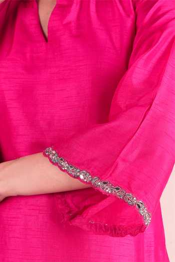 Jhambthreads Fuchsia Silk Split V-neck Border Embellished Kurta And Pant Set Online at Aza Fashions Jhambthreads_Fuchsia Silk Split V-neck Border Embellished Kurta And Pant Set _Online_at_Aza_Fashions