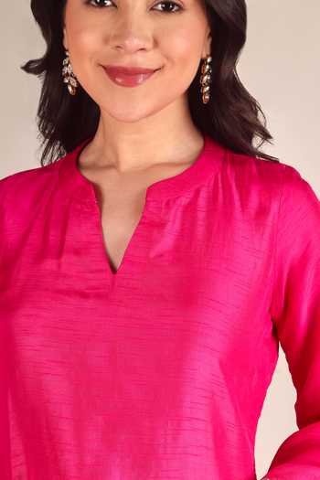 Shop Jhambthreads Fuchsia Silk Split V-neck Border Embellished Kurta And Pant Set Online at Aza Fashions Shop_Jhambthreads_Fuchsia Silk Split V-neck Border Embellished Kurta And Pant Set _Online_at_Aza_Fashions