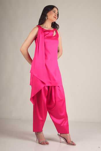 Jhambthreads Fuchsia Silk Asymmetric Neck, Yes Kurta And Pant Set Online at Aza Fashions Jhambthreads_Fuchsia Silk Asymmetric Neck, Yes Kurta And Pant Set _Online_at_Aza_Fashions