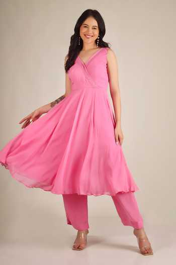 Jhambthreads Pink Georgette V-neck V Anarkali And Pant Set Online at Aza Fashions Jhambthreads_Pink Georgette V-neck V Anarkali And Pant Set _Online_at_Aza_Fashions
