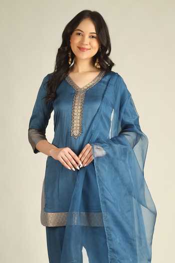 Jhambthreads_Blue Organza, Satin, Modal V-neck, Yes Placement Embroidered Kurta Set _Online_at_Aza_Fashions