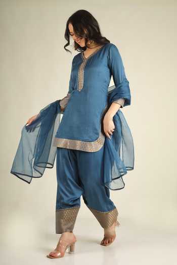 Shop_Jhambthreads_Blue Organza, Satin, Modal V-neck, Yes Placement Embroidered Kurta Set _Online_at_Aza_Fashions