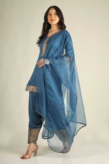 Jhambthreads_Blue Organza, Satin, Modal V-neck, Yes Placement Embroidered Kurta Set _at_Aza_Fashions