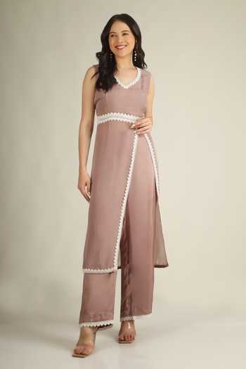 Jhambthreads_Purple Silk V-neck, Yes Lace Border Embellished Kurta And Pant Set _Online_at_Aza_Fashions