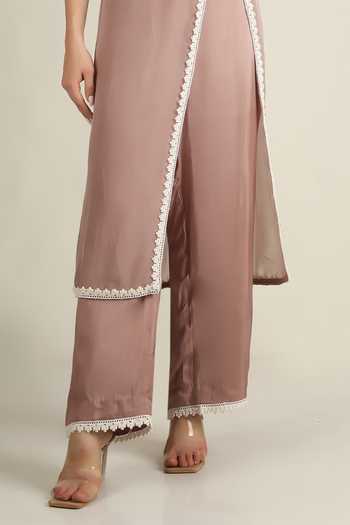 Buy_Jhambthreads_Purple Silk V-neck, Yes Lace Border Embellished Kurta And Pant Set _Online_at_Aza_Fashions