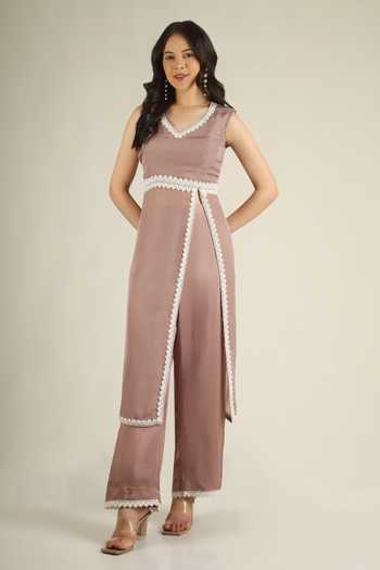 Shop_Jhambthreads_Purple Silk V-neck, Yes Lace Border Embellished Kurta And Pant Set _Online_at_Aza_Fashions