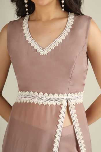Jhambthreads_Purple Silk V-neck, Yes Lace Border Embellished Kurta And Pant Set _at_Aza_Fashions