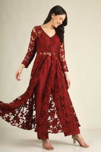 Jhambthreads Maroon Net, Silk, Crepe V-neck Floral Embroidered Jacket And Pant Set Online at Aza Fashions Jhambthreads_Maroon Net, Silk, Crepe V-neck Floral Embroidered Jacket And Pant Set _Online_at_Aza_Fashions