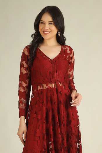 Buy Jhambthreads Maroon Net, Silk, Crepe V-neck Floral Embroidered Jacket And Pant Set Online at Aza Fashions Buy_Jhambthreads_Maroon Net, Silk, Crepe V-neck Floral Embroidered Jacket And Pant Set _Online_at_Aza_Fashions
