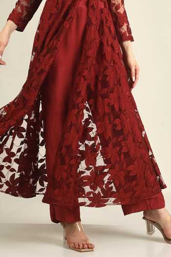 Shop Jhambthreads Maroon Net, Silk, Crepe V-neck Floral Embroidered Jacket And Pant Set Online at Aza Fashions Shop_Jhambthreads_Maroon Net, Silk, Crepe V-neck Floral Embroidered Jacket And Pant Set _Online_at_Aza_Fashions