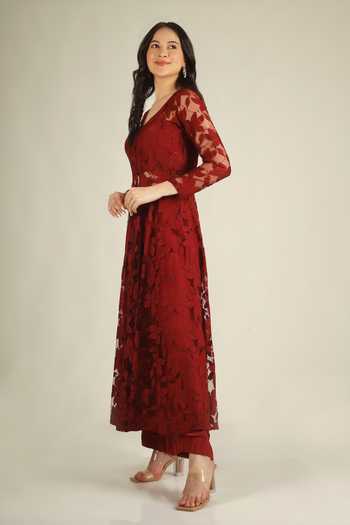 Jhambthreads Maroon Net, Silk, Crepe V-neck Floral Embroidered Jacket And Pant Set at Aza Fashions Jhambthreads_Maroon Net, Silk, Crepe V-neck Floral Embroidered Jacket And Pant Set _at_Aza_Fashions