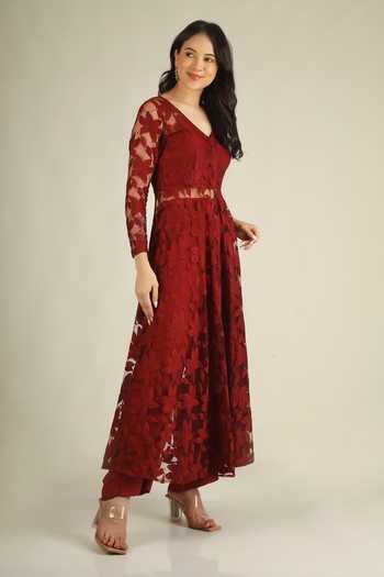 Buy Jhambthreads Maroon Net, Silk, Crepe V-neck Floral Embroidered Jacket And Pant Set Buy_Jhambthreads_Maroon Net, Silk, Crepe V-neck Floral Embroidered Jacket And Pant Set