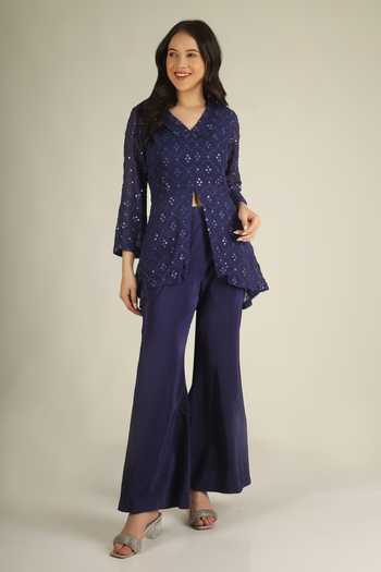 Jhambthreads Blue Silk, Georgette, Crepe V-neck Mirror Work Kurta And Pant Set Online at Aza Fashions Jhambthreads_Blue Silk, Georgette, Crepe V-neck Mirror Work Kurta And Pant Set _Online_at_Aza_Fashions