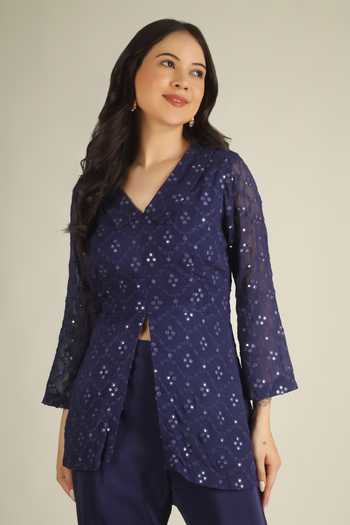 Shop Jhambthreads Blue Silk, Georgette, Crepe V-neck Mirror Work Kurta And Pant Set Online at Aza Fashions Shop_Jhambthreads_Blue Silk, Georgette, Crepe V-neck Mirror Work Kurta And Pant Set _Online_at_Aza_Fashions