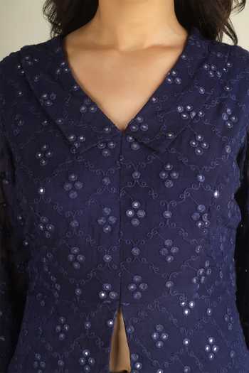 Jhambthreads Blue Silk, Georgette, Crepe V-neck Mirror Work Kurta And Pant Set at Aza Fashions Jhambthreads_Blue Silk, Georgette, Crepe V-neck Mirror Work Kurta And Pant Set _at_Aza_Fashions