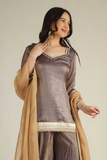 Jhambthreads Purple Silk, Organza Zari V-neck Border Embellished Kurta Palazzo Set Online at Aza Fashions Jhambthreads_Purple Silk, Organza Zari V-neck Border Embellished Kurta Palazzo Set _Online_at_Aza_Fashions