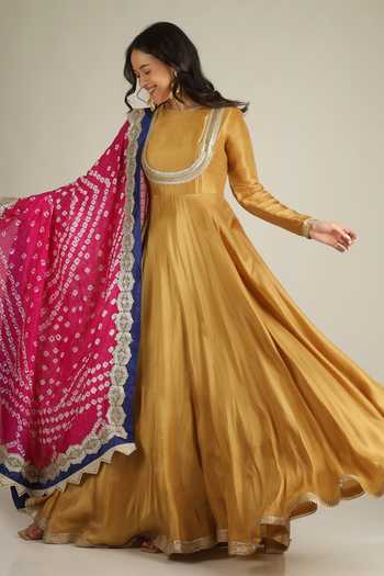 Jhambthreads Yellow Silk Round Neck Neckline Embellished Anarkali With Dupatta Online at Aza Fashions Jhambthreads_Yellow Silk Round Neck Neckline Embellished Anarkali With Dupatta _Online_at_Aza_Fashions