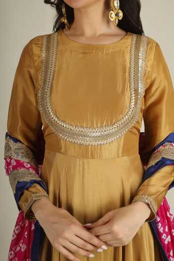 Shop Jhambthreads Yellow Silk Round Neck Neckline Embellished Anarkali With Dupatta Online at Aza Fashions Shop_Jhambthreads_Yellow Silk Round Neck Neckline Embellished Anarkali With Dupatta _Online_at_Aza_Fashions