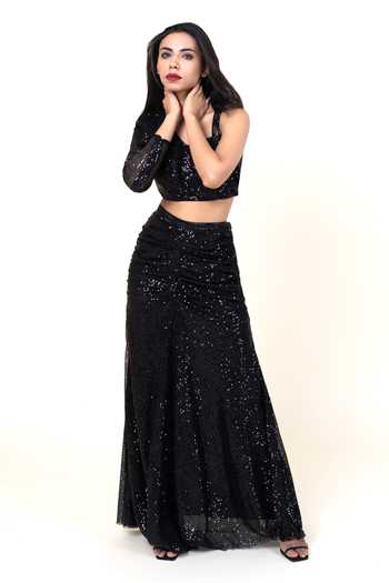 Jhambthreads Sequin Embellished Crop Top & Ruched Skirt Set 