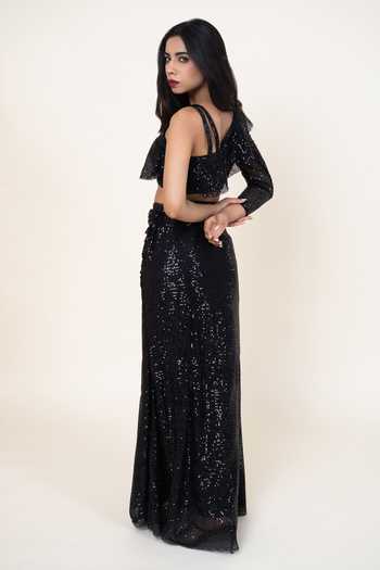 Jhambthreads Sequin Embellished Crop Top & Ruched Skirt Set 
