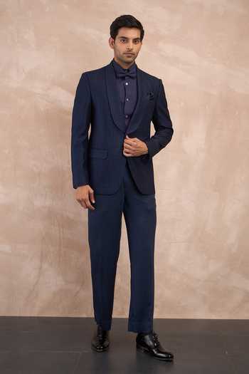 Arjan Dugal Blue Viscose, Chanderi Silk Inara Textured Tuxedo Set Online at Aza Fashions Arjan Dugal_Blue Viscose, Chanderi Silk Inara Textured Tuxedo Set _Online_at_Aza_Fashions