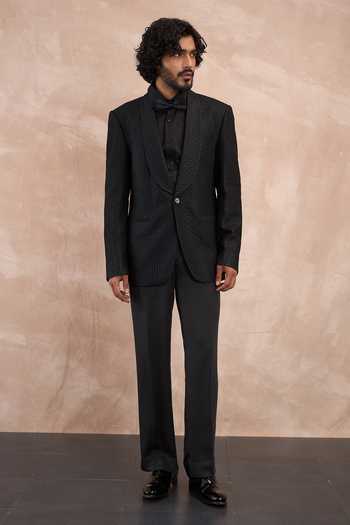 Arjan Dugal Black Viscose, Chanderi Silk Inara Textured Tuxedo Set Online at Aza Fashions Arjan Dugal_Black Viscose, Chanderi Silk Inara Textured Tuxedo Set _Online_at_Aza_Fashions