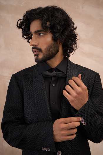 Shop Arjan Dugal Black Viscose, Chanderi Silk Inara Textured Tuxedo Set Online at Aza Fashions Shop_Arjan Dugal_Black Viscose, Chanderi Silk Inara Textured Tuxedo Set _Online_at_Aza_Fashions