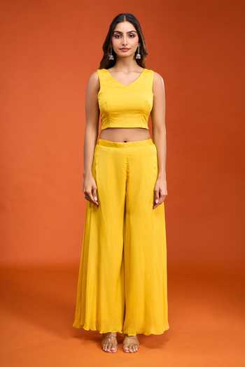 Shop Samyukta Singhania Yellow Tissue V-, Collared Embroidered Top Palazzo Set Online at Aza Fashions Shop_Samyukta Singhania_Yellow Tissue V-, Collared Embroidered Top Palazzo Set _Online_at_Aza_Fashions