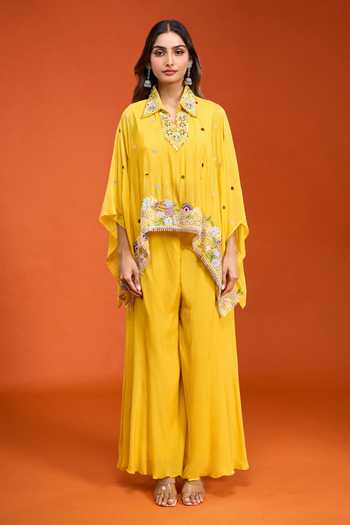 Samyukta Singhania Yellow Tissue V-, Collared Embroidered Top Palazzo Set at Aza Fashions Samyukta Singhania_Yellow Tissue V-, Collared Embroidered Top Palazzo Set _at_Aza_Fashions