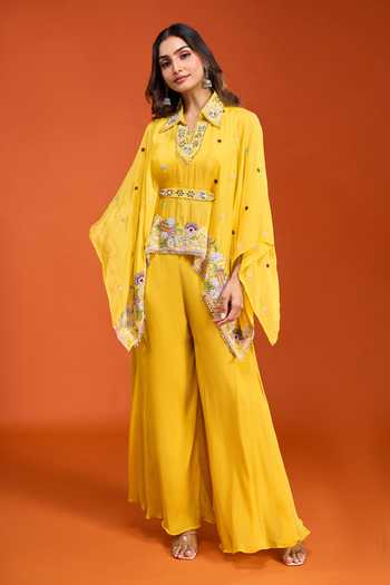 Buy Samyukta Singhania Yellow Tissue V-, Collared Embroidered Top Palazzo Set Buy_Samyukta Singhania_Yellow Tissue V-, Collared Embroidered Top Palazzo Set