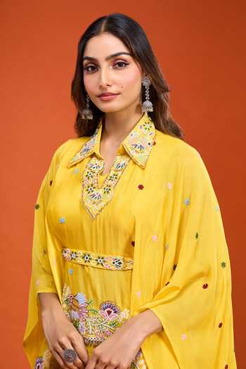 Shop Samyukta Singhania Yellow Tissue V-, Collared Embroidered Top Palazzo Set Shop_Samyukta Singhania_Yellow Tissue V-, Collared Embroidered Top Palazzo Set