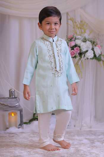 Lil Angels_Blue Silk Hand Embroidered Kurta And Pyjama Set _Online_at_Aza_Fashions
