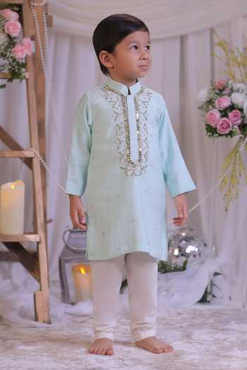 Shop_Lil Angels_Blue Silk Hand Embroidered Kurta And Pyjama Set _Online_at_Aza_Fashions