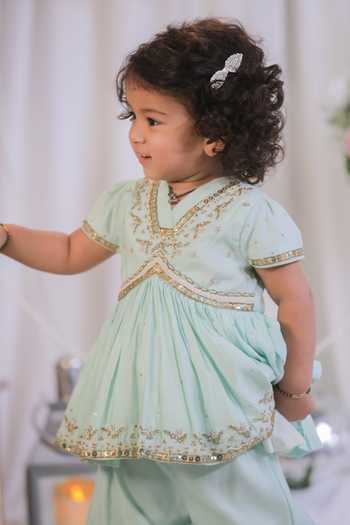 Lil Angels Blue Silk Hand Embroidered Kurta And Sharara Set Online at Aza Fashions Lil Angels_Blue Silk Hand Embroidered Kurta And Sharara Set _Online_at_Aza_Fashions