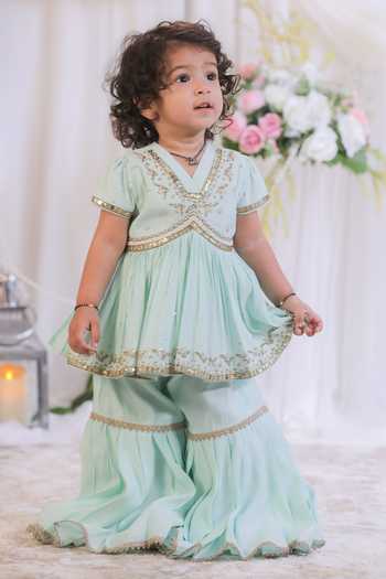 Shop Lil Angels Blue Silk Hand Embroidered Kurta And Sharara Set Online at Aza Fashions Shop_Lil Angels_Blue Silk Hand Embroidered Kurta And Sharara Set _Online_at_Aza_Fashions
