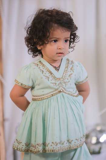 Lil Angels Blue Silk Hand Embroidered Kurta And Sharara Set at Aza Fashions Lil Angels_Blue Silk Hand Embroidered Kurta And Sharara Set _at_Aza_Fashions
