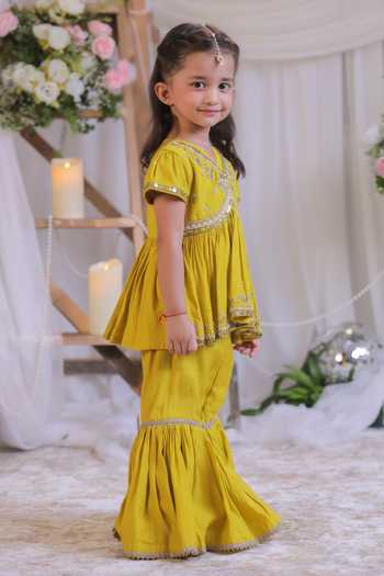 Buy Lil Angels Yellow Silk Embroidered Kurta And Sharara Set Online at Aza Fashions Buy_Lil Angels_Yellow Silk Embroidered Kurta And Sharara Set _Online_at_Aza_Fashions