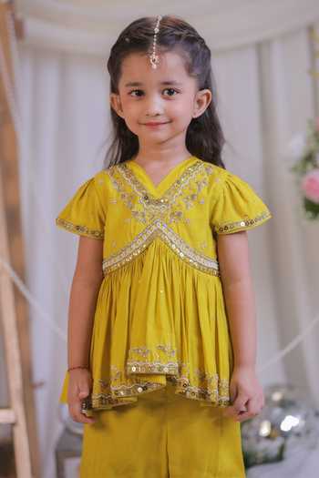Shop Lil Angels Yellow Silk Embroidered Kurta And Sharara Set Online at Aza Fashions Shop_Lil Angels_Yellow Silk Embroidered Kurta And Sharara Set _Online_at_Aza_Fashions
