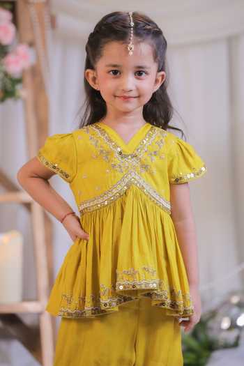Lil Angels Yellow Silk Embroidered Kurta And Sharara Set at Aza Fashions Lil Angels_Yellow Silk Embroidered Kurta And Sharara Set _at_Aza_Fashions