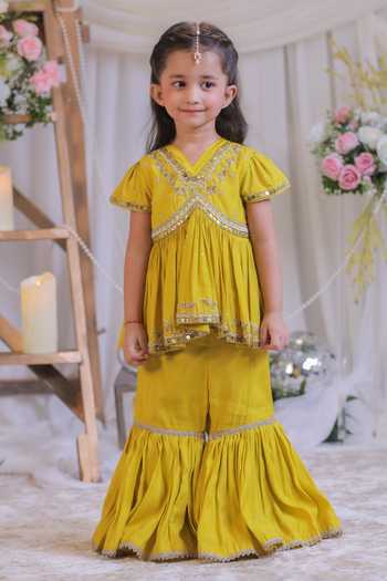 Buy Lil Angels Yellow Silk Embroidered Kurta And Sharara Set Buy_Lil Angels_Yellow Silk Embroidered Kurta And Sharara Set