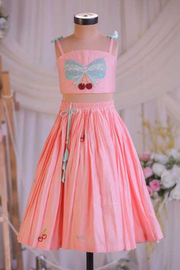 Lil Angels Peach Silk Bow Embroidered Blouse And Lehenga Set Online at Aza Fashions Lil Angels_Peach Silk Bow Embroidered Blouse And Lehenga Set _Online_at_Aza_Fashions